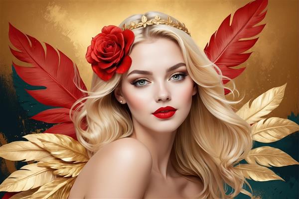 فرشته فانتزی: زن بلوند با موی مواج، رز قرمز و بال‌های ترکیبی طلایی و پر قرمز