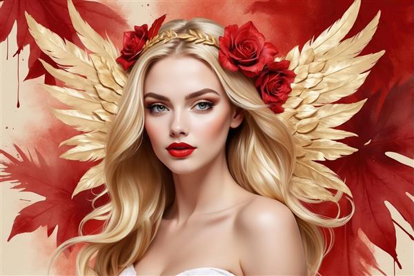 الهه رز و طلا: زن بلوند با تاج رز قرمز، بال‌های طلایی در پس‌زمینه آبرنگ سرخ