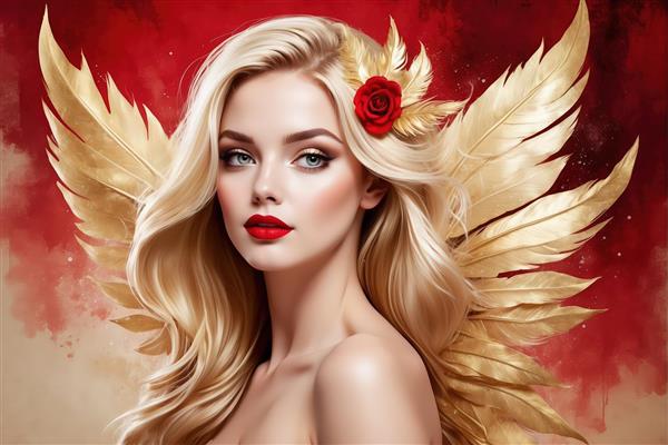 فرشته طلایی و سرخ: زن بلوند با بال‌های زرین و گل رز قرمز روی پس‌زمینه آبرنگی