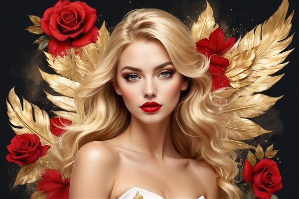 الهه شب با موهای بلوند: پرتره زن با بال‌های طلایی، گل‌های رز قرمز بر پس‌زمینه تیره