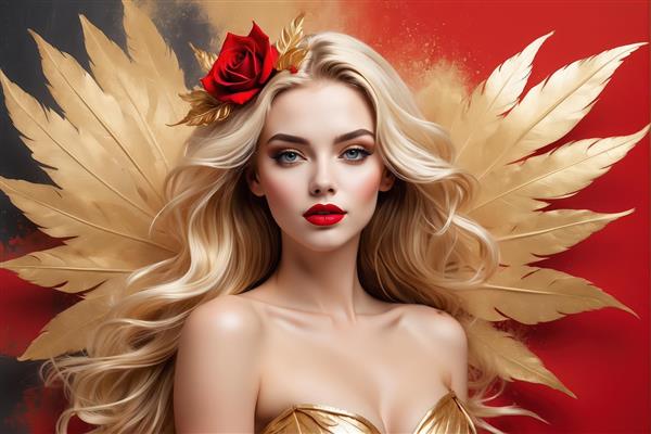 ملکه زرین و سرخ: زن بلوند با بال‌های برگ طلایی بزرگ و لباس طلایی در پس‌زمینه دو رنگ