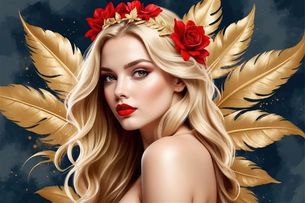فرشته بالدار: نمای نزدیک زن بلوند با تاج برگ زرین و رز سرخ بر زمینه پرهای طلایی