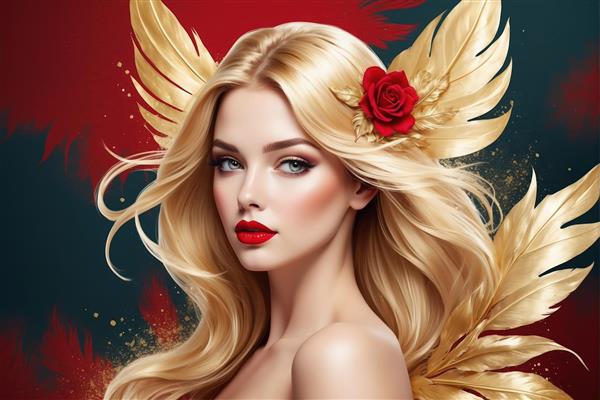 فرشته بال‌طلایی بر زمینه قرمز و سبز تیره: پرتره زن بلوند با رز قرمز در مو