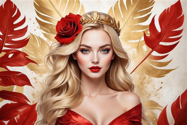الهه سرخ و زرین: پرتره زن بلوند با تاج برگ و رز بزرگ در پس‌زمینه گرمسیری