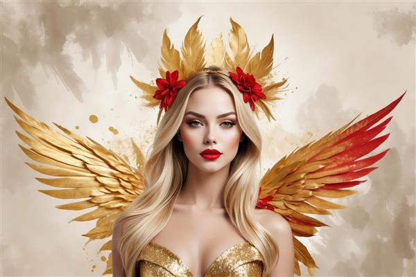 فرشته طلایی با بال‌های آتشین: زن بلوند با بال طلایی و نوک قرمز، تاج پَر و لباس طلایی