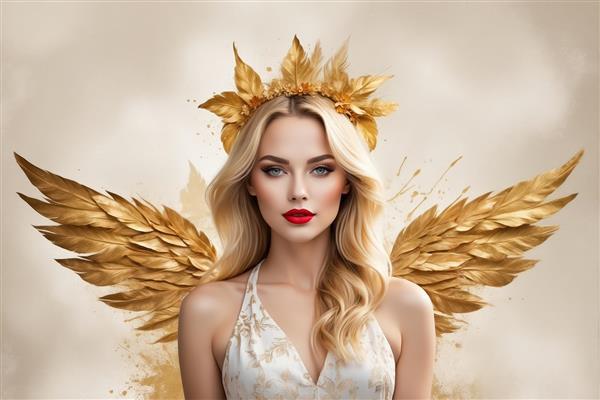 تابلو فرشته آرامش: زن بلوند با بال طلایی و تاج برگ‌های زرین در لباس سفید