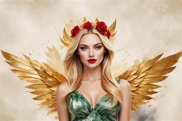 الهه جنگل سرخ: زن بلوند با بال طلایی و تاج رز قرمز در لباس استوایی سبز