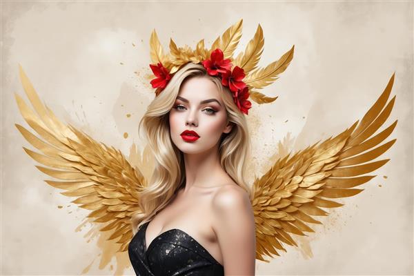 فرشته سیاه و زرین: پرتره زن بلوند با تاج گل قرمز و بال‌های بزرگ طلایی در لباس مشکی