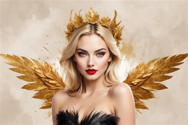 پوستر فرشته سیاه: زن بلوند با بال طلایی، تاج پَر و لباس پر مشکی در پس‌زمینه آبرنگی