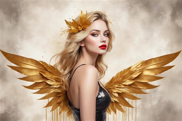 فرشته دراماتیک: پرتره نیم‌رخ زن بلوند با بال طلایی و سنجاق سینه پَر طلایی