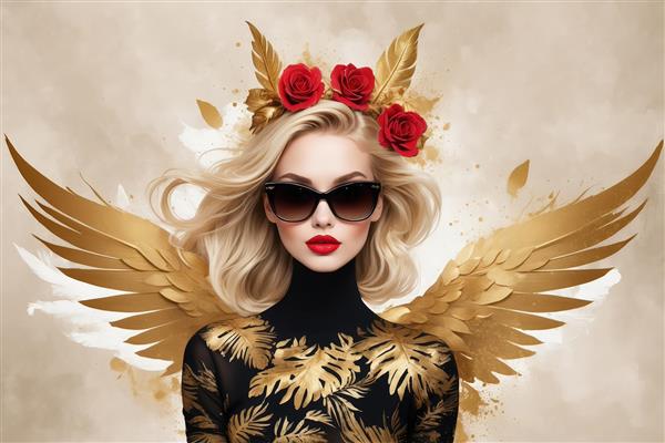 فرشته مد روز با عینک آفتابی: زن بلوند با بال طلایی، تاج رز و لباس طرح‌دار لوکس