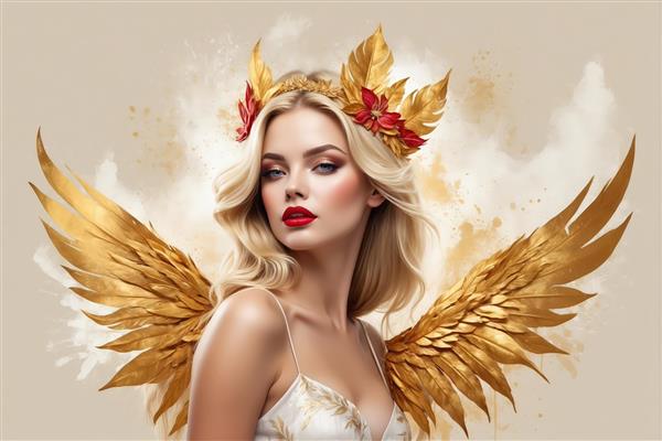 فرشته زرین با موی مواج: زن بلوند با بال طلایی و تاج ترکیبی گل قرمز و برگ طلایی