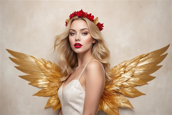 پرتره رویایی فرشته: زن بلوند با موهای در حال حرکت، تاج رز و بال‌های طلایی در لباس سفید