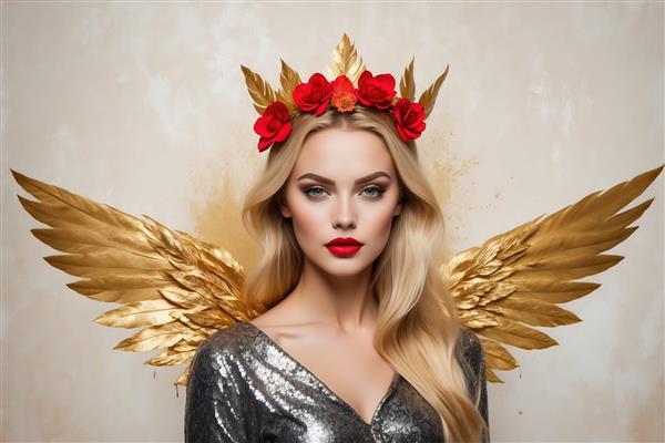 ملکه با شکوه: زن بلوند با لباس پولکی نقره‌ای، تاج رز قرمز و بال‌های طلایی