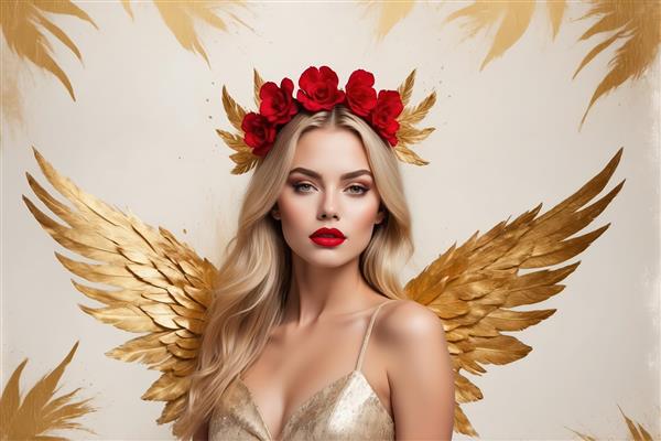 فرشته گل‌های سرخ و طلایی: پرتره زن بلوند با تاج گل رز قرمز و بال‌های طلایی بزرگ