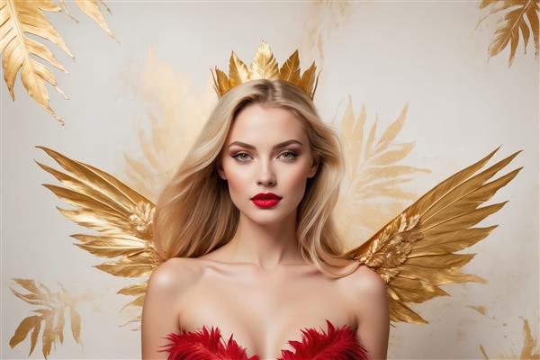 پوستر الهه عشق و طلا: زن بلوند با بال طلایی و لباس دکلته قرمز پَر برای چاپ عریض