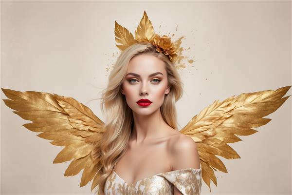 تابلو فرشته بلوند طلایی: پرتره زن با تاج گل و بال‌های بزرگ طلایی در لباس دکلته