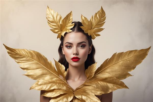 الهه برگ‌های زرین: پرتره زن با بال و تاج برگ طلایی برای دکوراسیون لوکس و مدرن