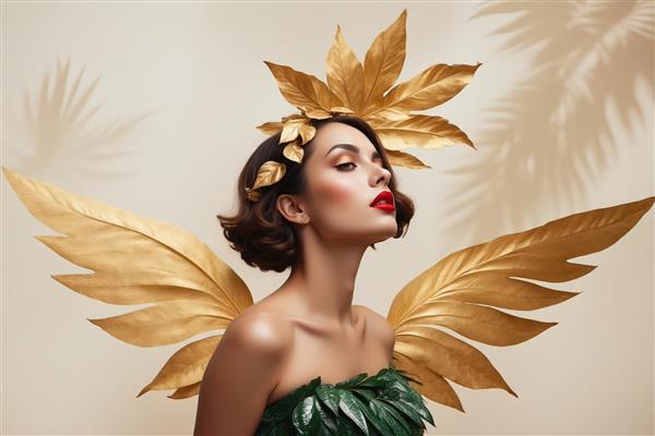 الهه طبیعت طلایی: پرتره زن با بال و تاج برگ طلایی و لباس سبز زمردی با نمای نیمرخ