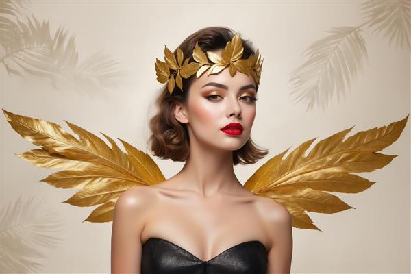فرشته مد: پرتره مدل با بال‌های طلایی، تاج برگ زیتون طلایی و لباس دکلته مشکی