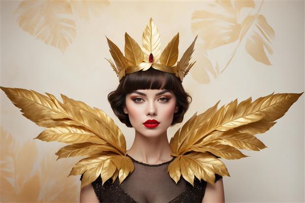 پرتره ملکه تاریکی با تاج طلایی: زن با بال‌های شانه‌ای از برگ طلایی و لباس مشکی توری