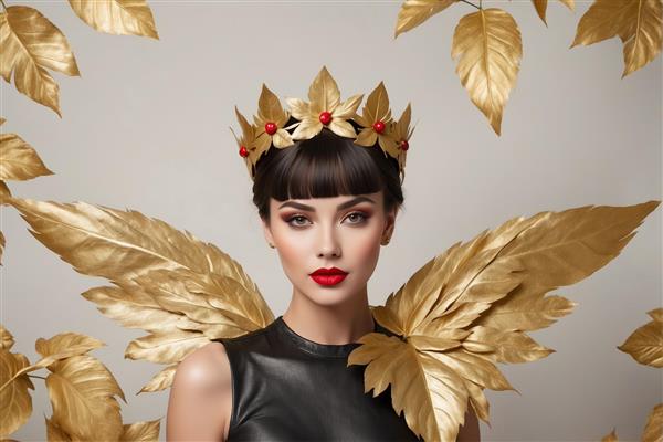 پوستر ملکه طلایی با برگ‌های پاییزی: زن با تاج برگ و بال‌های شانه طلایی روی پس‌زمینه طوسی