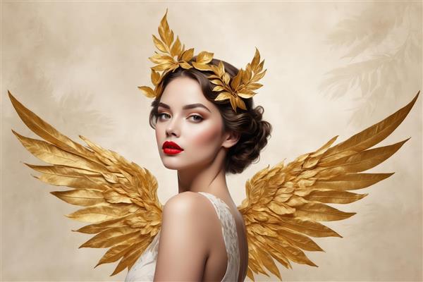 پرتره الهه طلایی: زن با بال‌های بزرگ و تاج برگ زیتون طلایی برای چاپ دکوراتیو