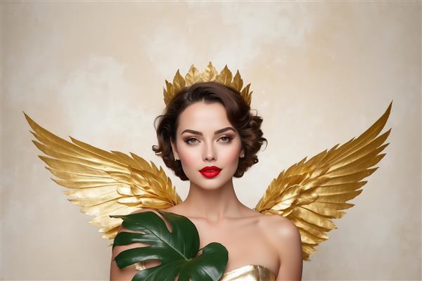 ملکه جنگل طلایی: پرتره زن با بال‌های طلایی، تاج طلایی و برگ سبز بزرگ مونسترا
