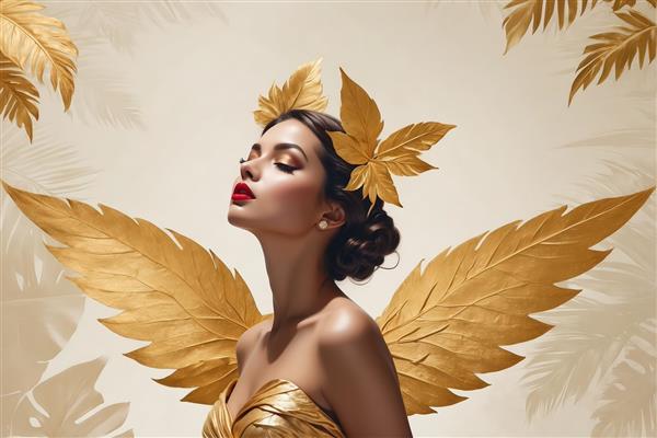 فرشته زرین در نور آفتاب: پرتره زن با بال‌های طلایی، تاج برگ و لباس طلایی با نگاه رو به بالا