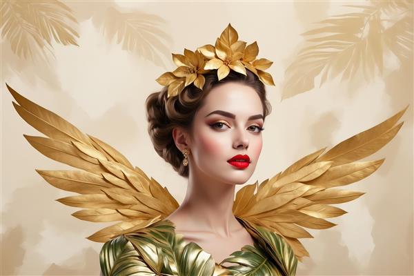 مدل زن با لباس برگ سبز و تاج طلایی با بال؛ تابلوی الهام گرفته از طبیعت