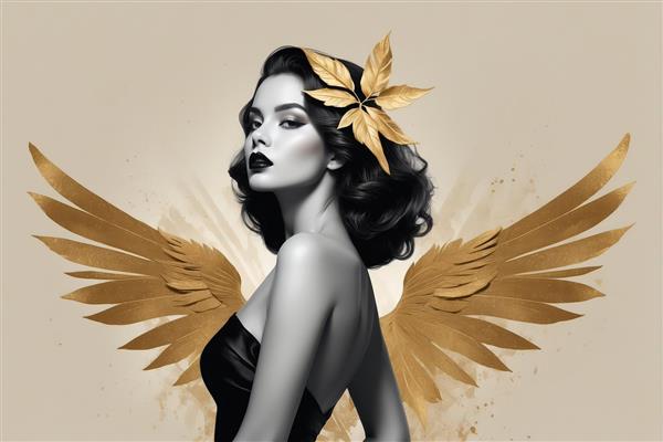 پرتره نیم‌رخ زن با برگ طلایی در مو و بال‌های بزرگ؛ تابلوی فشن کلاسیک