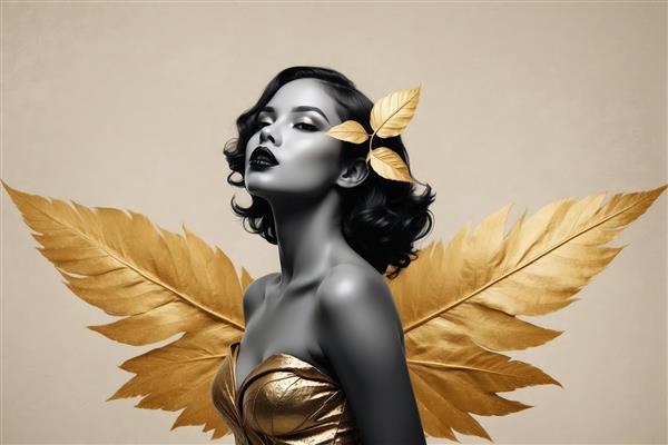 الهه سیاه و سفید با بال‌های برگ مانند طلایی و لباس براق؛ لوکس و هنری