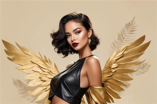 پرتره مدل زن با آرایش تیره و بال‌های پهن طلایی؛ عکس دکوراسیون مدرن