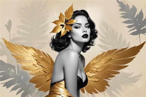 پرتره زن با بال‌های طلایی بزرگ و گل برگ طلایی؛ تابلوی مد و فشن