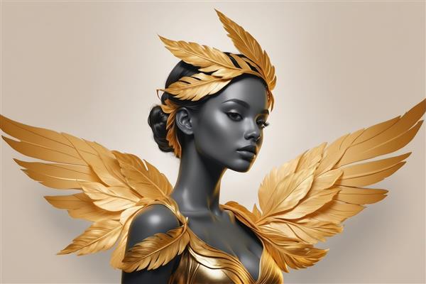 تصویر نیم‌رخ فرشته سیاه پوست با بال‌های طلایی بزرگ و تاج پر