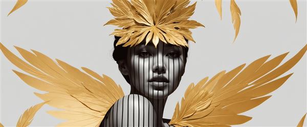 طرح گرافیتی انتزاعی زن با بال‌های طلایی و تاج پر؛ مناسب چاپ عریض
