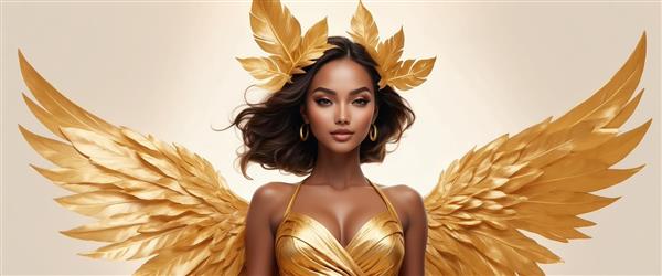 فرشته زنانه با بال‌های پر طلایی و لباس براق؛ عکس دکوراتیو لوکس