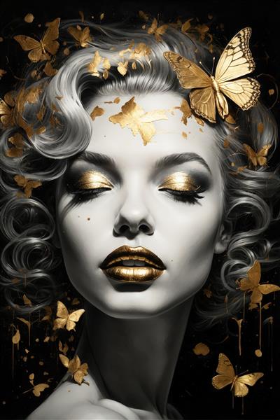 تصویر فشن زن با موی نقره‌ای، آرایش طلایی و پروانه های آبرنگی