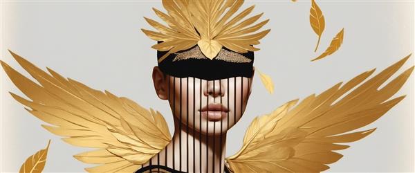 پرتره هنری زن با خطوط و بال‌های طلایی؛ طرح انتزاعی دکوراتیو