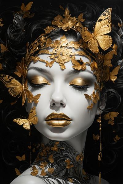 پرتره الهه مو مشکی با تاج طلایی و پروانه؛ طرح لوکس و هنری