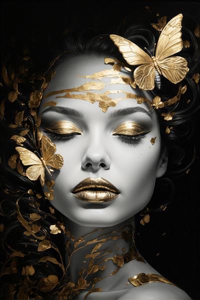 تصویر فانتزی زن با پیچک‌ها و پروانه های طلایی؛ عکس دکوراتیو جذاب