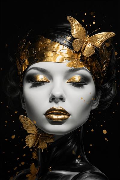 پرتره آرت دکو زنانه با سربند طلایی و پروانه؛ مناسب چاپ تابلو اتاق خواب