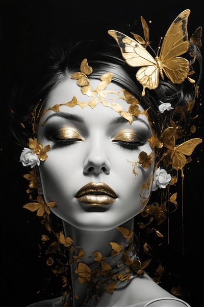 طرح گرافیتی فشن زن با پروانه، گل سفید و آرایش طلایی؛ تابلوی دکوراتیو