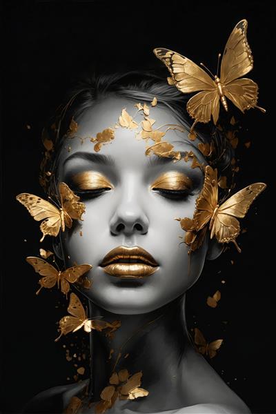 عکس هنری پرتره زن با تزئینات طلای ۲۴ عیار و پروانه؛ لوکس و باکیفیت