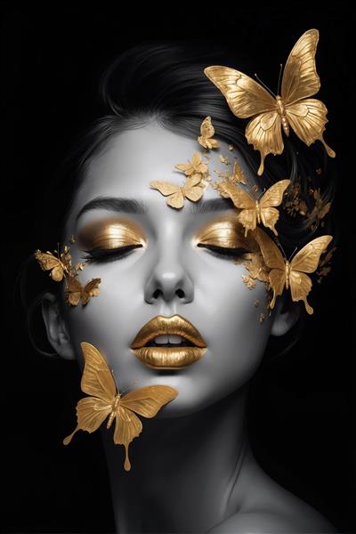 مدلینگ زن با لب و چشم طلایی و پروانه سه بعدی؛ تابلوی دیواری جذاب