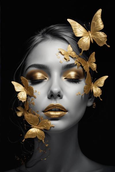 تصویر فشن سیاه سفید با پروانه های طلایی و آرایش خیره کننده؛ مناسب چاپ