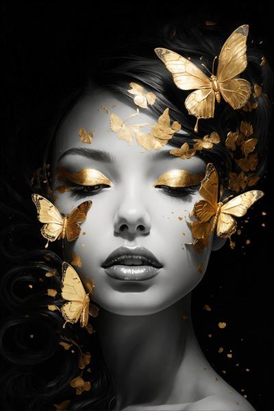 پرتره لوکس زنانه با آرایش چشم طلایی و پروانه؛ طرح مدرن برای دکوراسیون