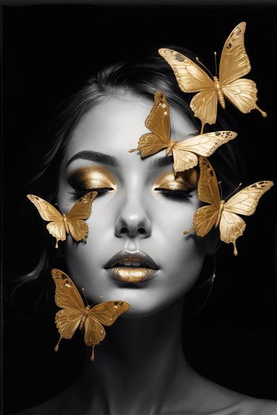 عکس هنری زن با پروانه های درخشان طلایی؛ مناسب چاپ دکوراتیو شیک
