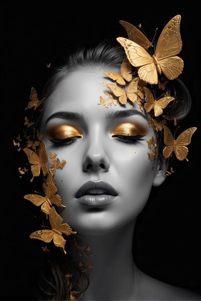 تصویر خاص پروانه های طلایی بر صورت زن؛ طرح تابلوی مدرن و لوکس