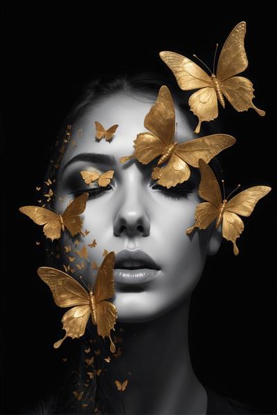 تصویر پرتره زن با آرایش طلایی و پروانه های گرافیتی؛ عکس فشن سیاه سفید